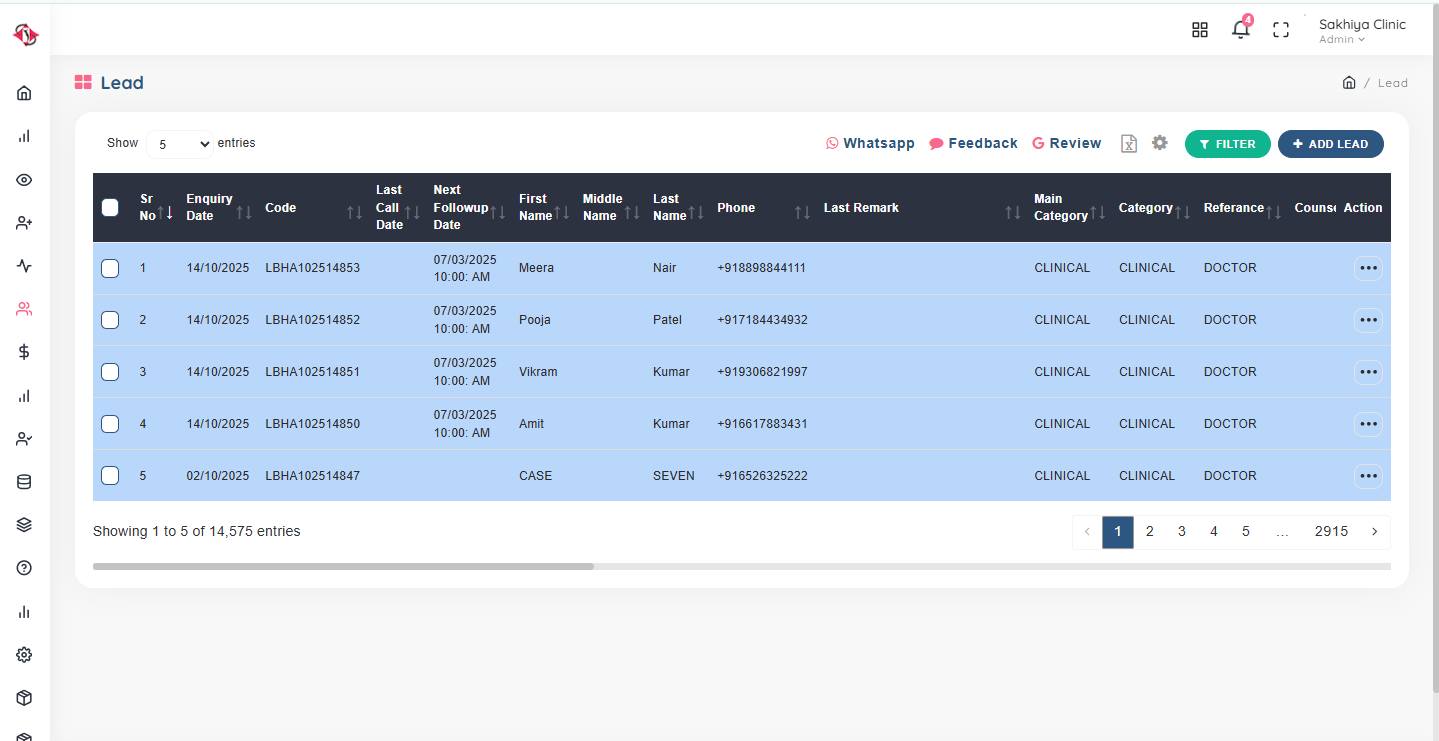 Dermatology clinic lead management system dashboard showing patient inquiries and follow-ups