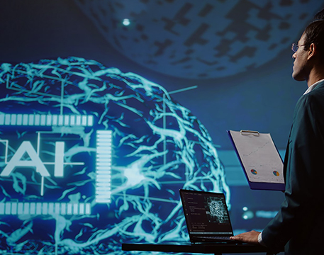 Hand interacting with RPA automation interface